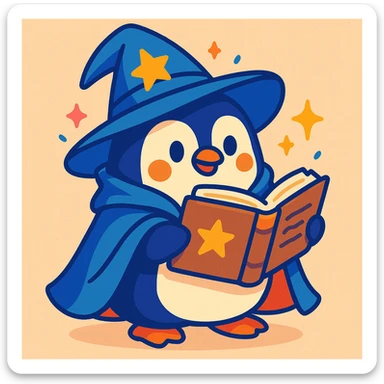 playful style chubby penguin with a wizard hat and cloak, holding an open spellbook sticker