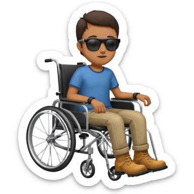 Blind dude in wheelchair with sunglasses and a leg boot on sticker