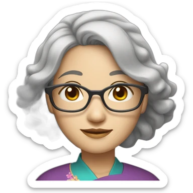 Chinese lady with lightly wavy grey hair to the shoulder lens wear glasses with Chinese dress sticker