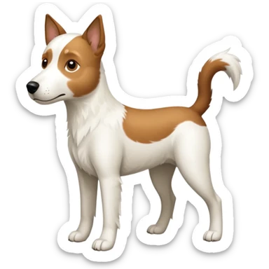 a full body large white parson russell looking dog the size of a kelpie with light brown flapped down ears and a light brown patch on one eye and a large snout sticker
