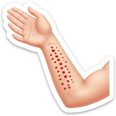 Allergy skin prick test on forearm with small red bumps showing reactions to different allergens sticker
