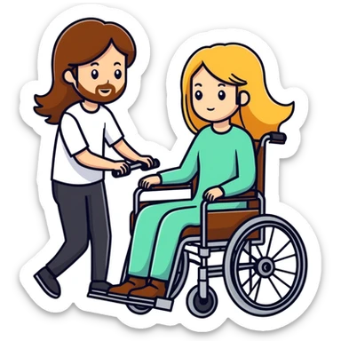 Single 5th Brown haired man with a beard in a wheel chair with long blonde haired mom pushing sticker