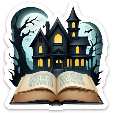 Icon for Horror and Mystery Reading: an open book with eerie, dark pages, a haunted house silhouette, a ghostly figure, and a skull. The icon should capture the suspense, fear, and mystery of horror and supernatural stories. Transparent background. sticker