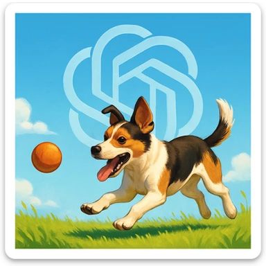 chat gpt image logo on the background of a dog chasing ball sticker