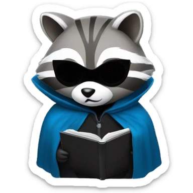 A raccoon with a blue mask over his eyes that doesn't cover the rest of his body, in a black cloak, holding a laptop and writing something on it sticker
