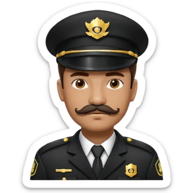 Cyberpunk security guard, uniform hat, with stashe, black sticker