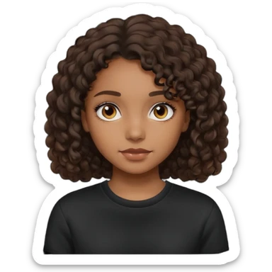 girl with brown skin, dark curly brown hair shoulder length and plain black crewneck t-shirt sticker