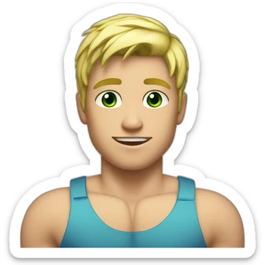 Muscular boy, shirt off, blond hair, green blueish eyes sticker