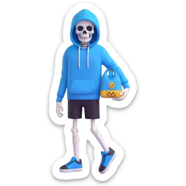 Sans from Undertale, 3D emoji style, blue hoodie, black shorts, white skeleton, simple background sticker