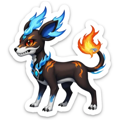 Skull-faced Fiery black and white blue flames solarpunky elemental colorful hot will-o-wispy Houndoom-Torracat-Genesect-Pokémon-Fakémon-hybrid-creature sticker