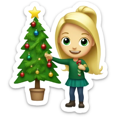 Blond Girl decorating a Christmas tree sticker