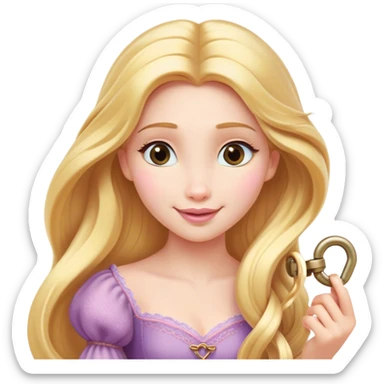 Cinematic Elegant Rapunzel Portrait Emoji, Twirling a lock of her golden hair, dreamy expression, soft pink lips curving into a gentle smile, delicate yet mesmerizing, a princess with a heart full of adventure and beauty! sticker