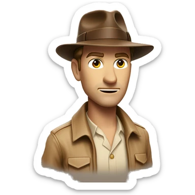 White Indiana Jones with a brown jacket and a brown hat, beige shirt sticker