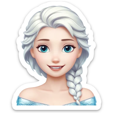Cinematic Radiant Snow Queen Portrait Emoji, rendered in a realistic, vector style with clean proportions. Show Elsa with a gentle, confident smile, icy pale skin, and luxuriously styled platinum hair, her expression calm and regal. The image glows with a soft, enchanting icy luminescence, high shine, and is accented by a soft glowing outline that enhances her ethereal beauty. sticker