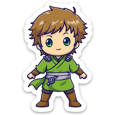 Young Rudeus Greyrat chibi, big green eyes, round face, messy light brown hair, wearing a tunic, cute and curious anime style sticker