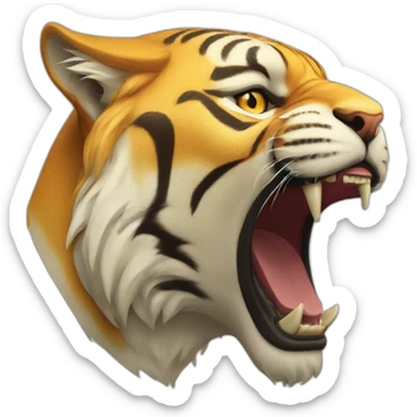 the head of a golden tiger, in profile to the right side, an aggressive growl with flattened ears sticker