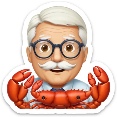 senior lobster with white hair and glasses, elderly lobster character with white eyebrows and whiskers, wearing round glasses sticker