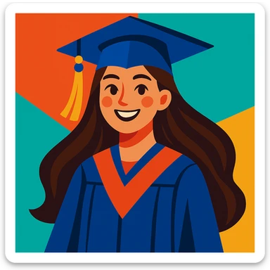 girl with long brown hair smiling wearing graduation hat and robe, vibrant colorful style sticker