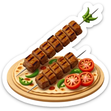 Adana kebab object icon, spicy grilled minced meat skewer, served on flatbread, grilled tomatoes and green peppers on the side, smoky char marks, juicy texture, 3D cartoon, mobile game icon style, centered, clean background, no text, no watermark
 sticker