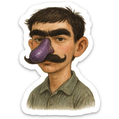 portrait of a boy with an eggplant-shaped nose, mustache, and unibrow, different artistic styles sticker