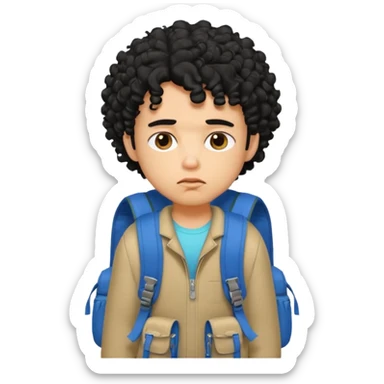 a pretty bratz guy with black curly hair wearing a backpack looking tired sticker