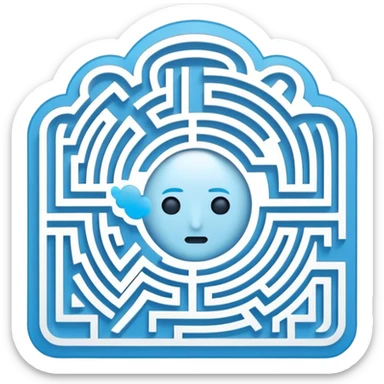 An icon of a face-down card. The card's back features a minimalist labyrinth/maze pattern in light blue on a dark blue background. The maze paths subtly connect to form the shape of a cloud in the center. Simple, geometric, for a small app icon. sticker