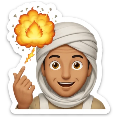 an arabic guy blowing something up with a silly face sticker