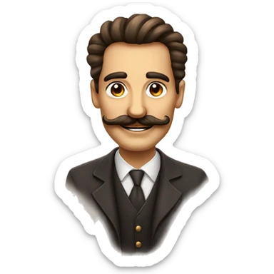 Hombre feliz pelo con moño, barba y bigote estilo dali, ojos marrones  sticker