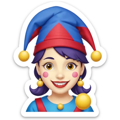 Girl with red and blue jester hat with yellow balls on the ends of the jester hat smiling with rosy cheeks and dark hair sticker