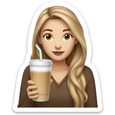 Beautiful white woman, long light brown hair, brown eyes, cozy holding an iced coffee sticker