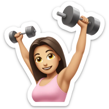 Pretty brunette lifting weights above head in light pink  sticker