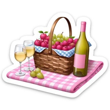 Picnic basket with pink fruit on a pink check blanket with white wine and glasses sticker