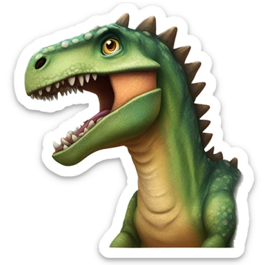 the head of a dinosaur with a beak-like mouth, scaly textured skin, and a row of small spines along its back. The dinosaur has a curious expression with wide eyes and an open mouth. Use vibrant colors to emphasize the dinosaur's playful sticker