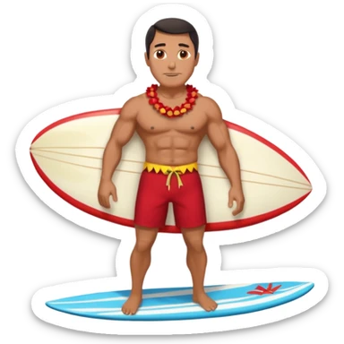 Dark-haired tan muscular 50 year old man with red shorts and shell lei surfing sticker