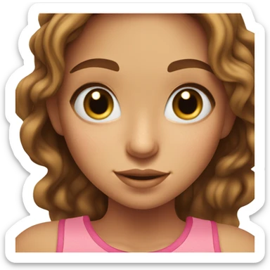 Girl with blue eyes, long eyelashes, freckles, and wavy brown hair, wearing a gold necklace, wearing a pink tank top sticker