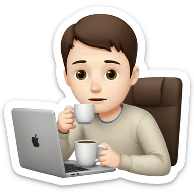 tired programmer with dark circles under his eyes drinks coffee with a laptop sticker