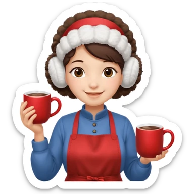 A cozy vendor with fluffy earmuffs, wearing apron handing out steaming cocoa with a warm smile. sticker
