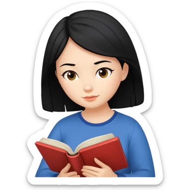 Girl black hair reading book sticker