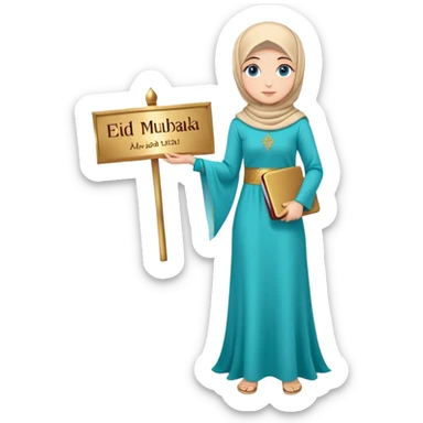 Turkish beautiful finish Konya girl blue eyes with gold hijab and islamic long tailed turquoise dress on the floor and had on her hand text Eid Mubarak  sticker