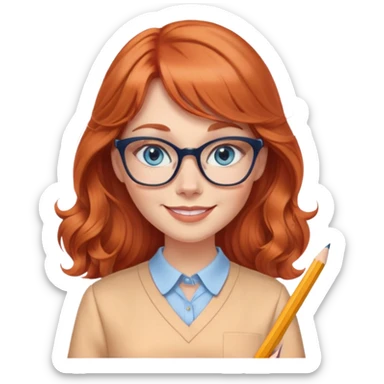 smiling redheaded woman with long wavy hair and bangs, blue eyes, cat-eye glasses, pencil skirt, apricot blouse, holding a pencil sticker