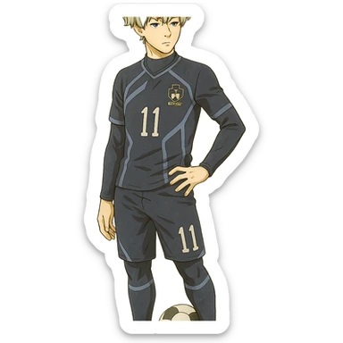Nagi Seishiro from Blue Lock, cool pose, detailed soccer uniform, white hair, calm expression, anime style sticker
