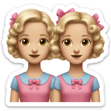 twins from the film, the shining. blonde hair with pink bows, blue dresses with pink trim sticker