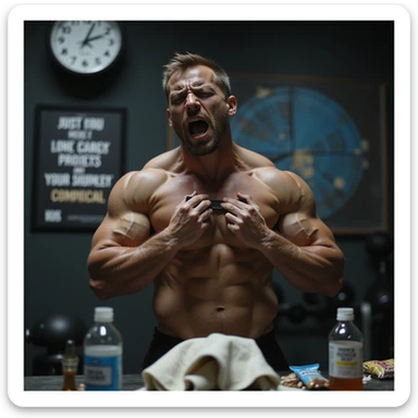 hyperrealistic 4K image of a muscular man in his 30s breathing heavily, panic and stress in his eyes, checking heart rate monitor, gym equipment scattered, gym towel wrung out, empty bottles and protein bar wrappers, veins bulging, harsh lighting, gym clock shows late hour, motivational poster sticker