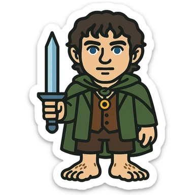 Whole body image of Frodo Baggins from the lord of the rings movie in pixel art style. Make Frodo look like the actor that portrayed him in the movie, Elijah Wood, blue eyes and dark curly hair. Frodo is wearing the same green elven cloak with the leaf buckle, brown vest, cream undershirt, dark brown leather short pants, and hairy hobbit feet. He is wearing a golden yellow ring on a necklace. he's also holding the same blue sword that bilbo is holding in the reference image. sticker