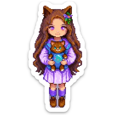 Add a simple, cheerful background to the scene with a girl with long, wavy brown hair, brown eyes, purple clothes, and a three-color cat, in pixel art style. sticker