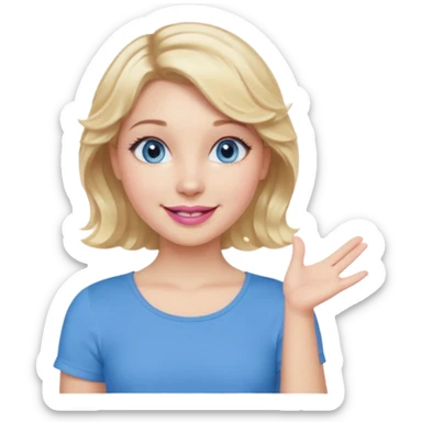 Girl Blonde short wavy hair,  blue eyes, cute blue top, long lashes, pink lips, smiling, one hand in the air sticker