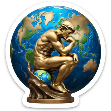 rodins sculpture the thinker but with a planet earth in its hand sticker