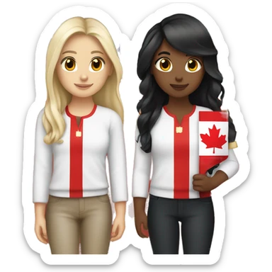 4 girls holding canada flag one brunette, one black hair and two with blonde hair  sticker