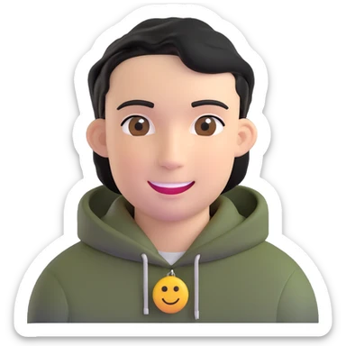 man with smiley face, black hair military cut, brown eyes, wearing 2 circle earrings and a black hoodie sticker