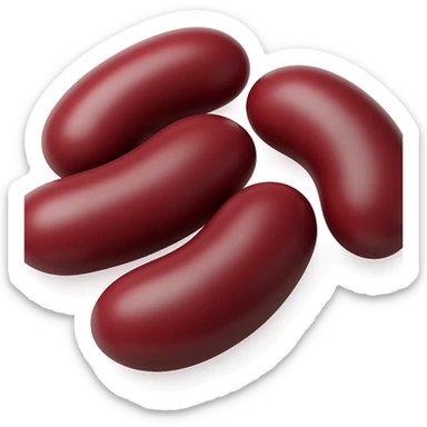 Show exactly 5 large red kidney beans, loosely arranged, each bean bigger than before, smooth glossy surface, deep reddish-maroon color, typical curved kidney shape, natural variation in size and hue, dry and polished, 3D-rendered, clean, minimal, soft shadows, no faces or packaging, transparent background, emoji scale. The style should resemble a clean and minimal 3D-rendered emoji style with transparent background. sticker